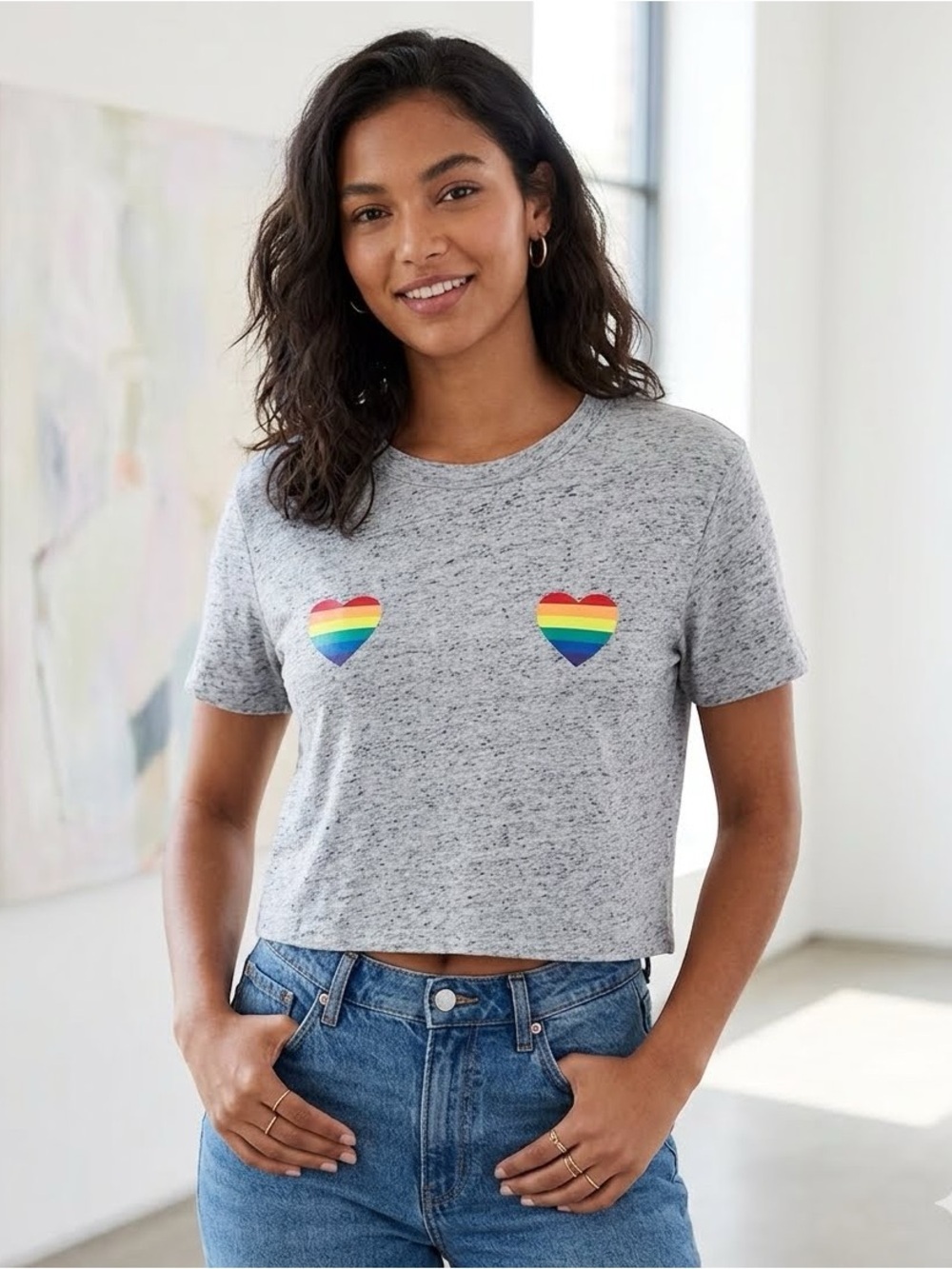 VS PINK | 🌈Rainbow Hearts Cropped T-Shirt Crop Top Loungewear Size Small